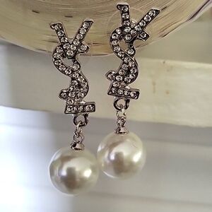 Elegant Silver Tone and Faux Pearl Drop Earrings Pierced